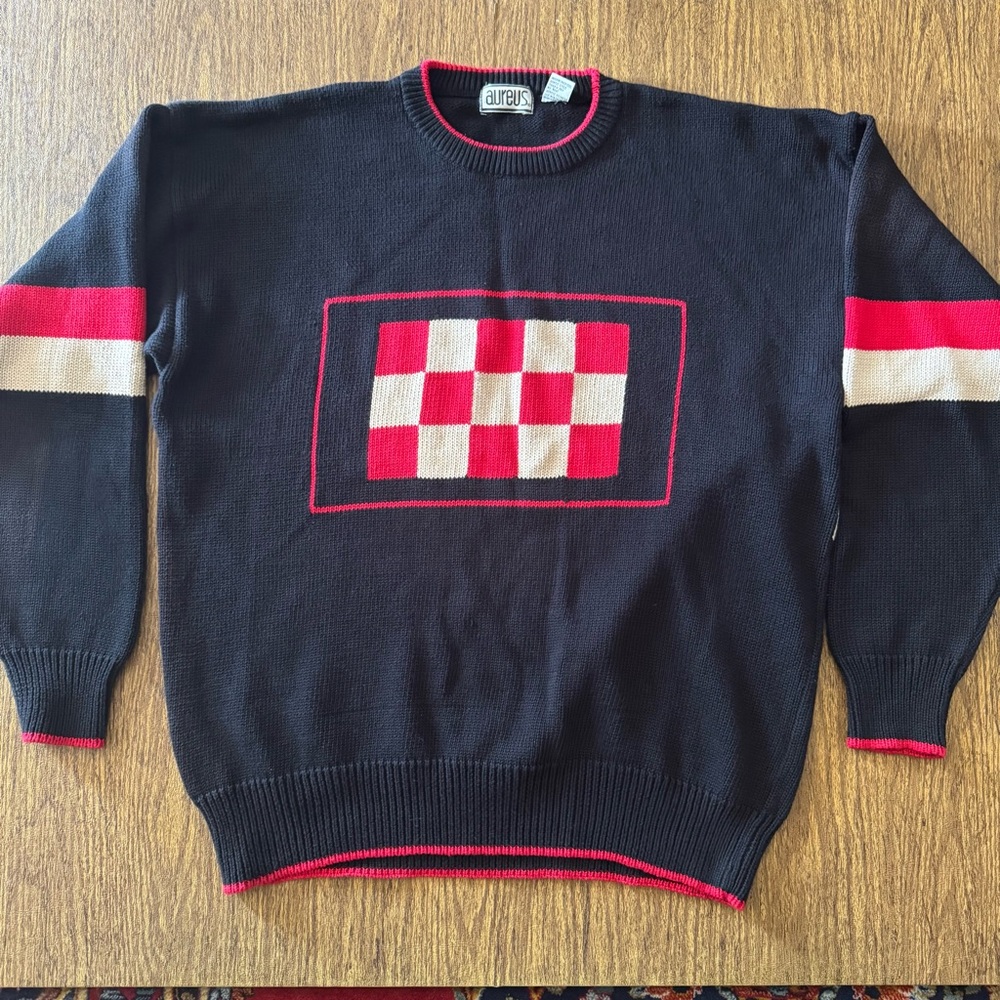 Vintage 90s Aureus Men’s Dad Golf Sweater Retro Checkerboard Red And‎ Black XL